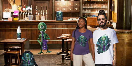 Alien Vibes jazz collection: mockups of T-shirts, water bottle, and drawstring bag featuring a green alien playing saxophone in a rustic bar setting.