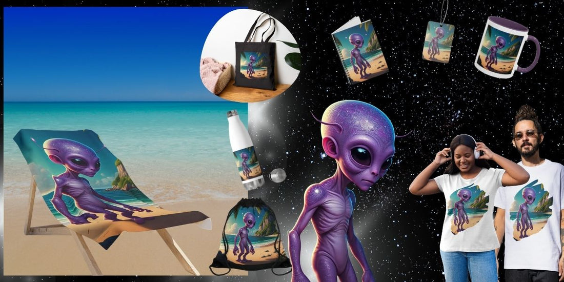 A vibrant cosmic showcase of "Alien at Beach" products featuring a sleek purple alien on a beach towel, tote bag, water bottle, and t-shirt, set against a split background of a tropical beach and a starry galaxy.