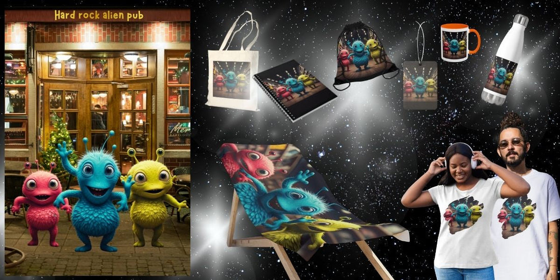 A festive banner showing three colorful, furry alien dancers (pink, blue, and yellow) outside a "Hard Rock Alien Pub," displayed on products like t-shirts, beach towels, and mugs.