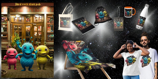 A festive banner showing three colorful, furry alien dancers (pink, blue, and yellow) outside a "Hard Rock Alien Pub," displayed on products like t-shirts, beach towels, and mugs.