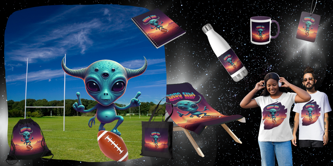 A cosmic showcase for From Space Store featuring a three-eyed teal alien football player with horns, holding a football on a green field, displayed on products like t-shirts, mugs, tote bags, and spiral notebooks.