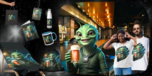 A festive banner for From Space Store featuring an alien woman holding a frothy mug of beer inside a "Hard Rock Alien Pub," surrounded by themed products like t-shirts, mugs, and tote bags against a starry galaxy background.