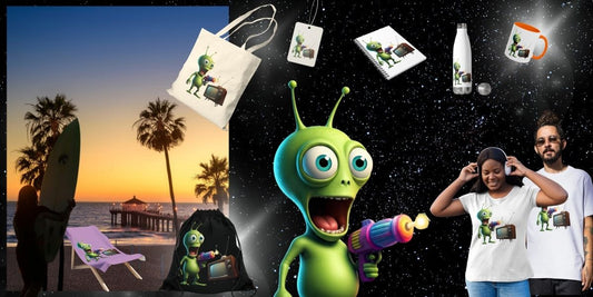 A vibrant cosmic product showcase featuring a cartoon green alien with wide eyes holding a futuristic ray gun next to a vintage television, displayed on t-shirts, tote bags, and beach gear.