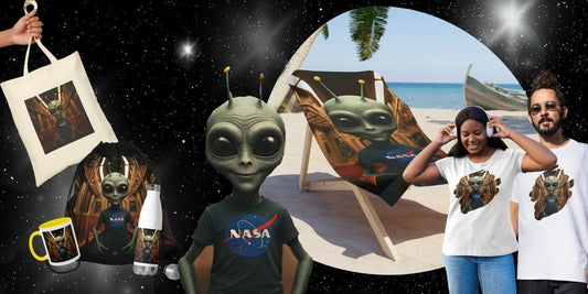 A cosmic banner for From Space Store featuring an alien in a NASA t-shirt, surrounded by products like a tote bag, water bottle, and beach towel against a starry galaxy background.