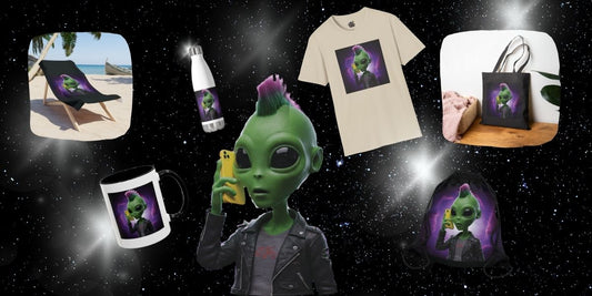 A product collage from the Alien Vibes collection featuring a green punk alien with a pink mohawk on a black t-shirt, mug, tote bag, drawstring backpack, water bottle, and beach towel, set against a cinematic starry galaxy background.