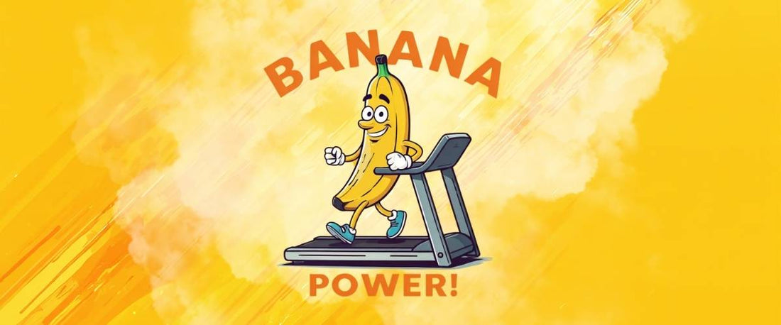Funny banana running on a treadmill cartoon character illustration, athletic fruits fitness motivation design.