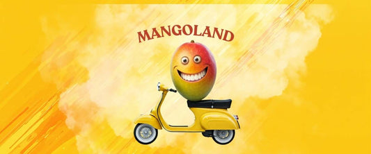 Funny smiling mango riding a classic yellow retro scooter, cute summer vibes graphic design.