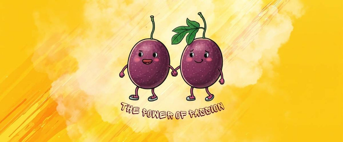 Two cute passion fruit cartoon characters holding hands with funny romantic fitness pun, workout aesthetic design.