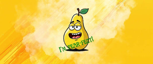 Happy pear cartoon character smiling with funny self love confidence quote, cute athletic fruits merchandise design.