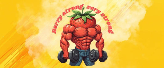 Muscular gym strawberry lifting heavy dumbbells cartoon illustration, funny bodybuilding fitness motivation t-shirt graphic.