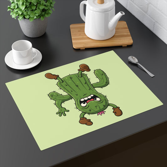 Gravity's End Upside-Down Cactus Placemat with quirky shocked cartoon character design on kitchen table setting, unique home decor and American streetwear lifestyle accessories.