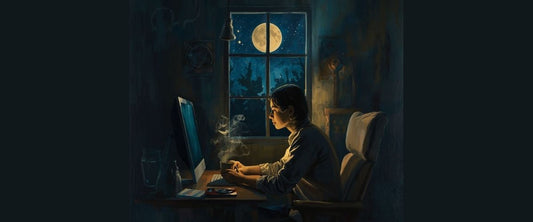An artistic illustration of a person working at a computer inside a dark room at night, drinking from a steaming mug, with a full moon visible through the window. Text reads: 'The loneliness of the screen: a daily mission with myself'.