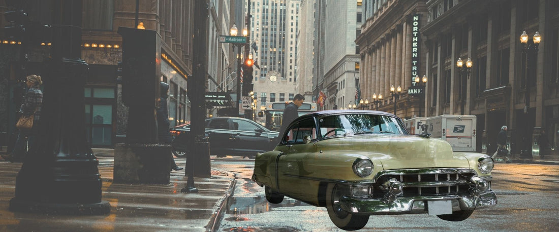 A vintage car in Los Angeles evening street