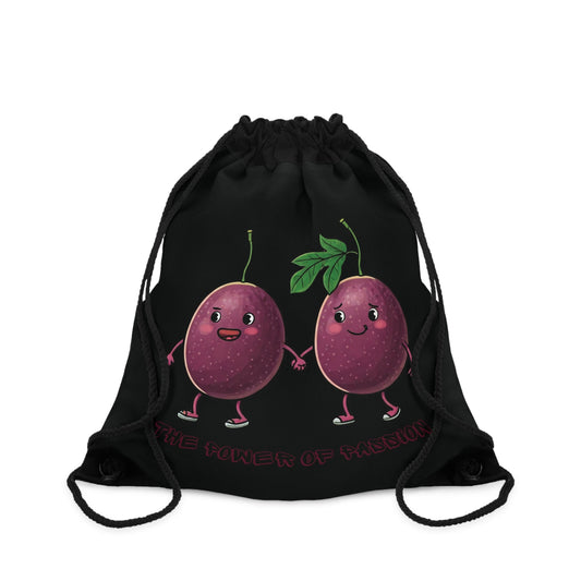Funny passion fruit power drawstring bag featuring cute cartoon passion fruit characters on black background