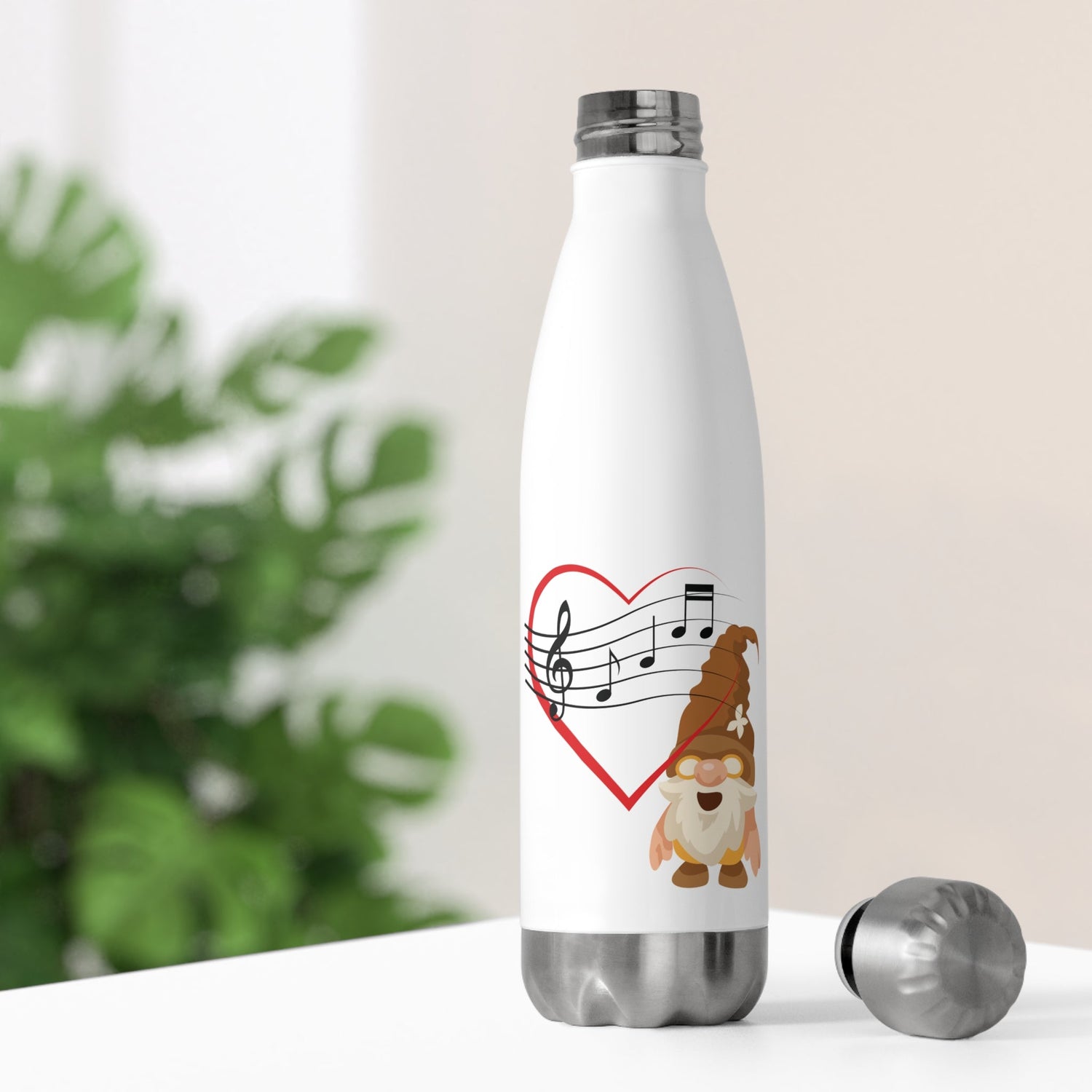Gnome with a heart for music on a white water insulated bottle.