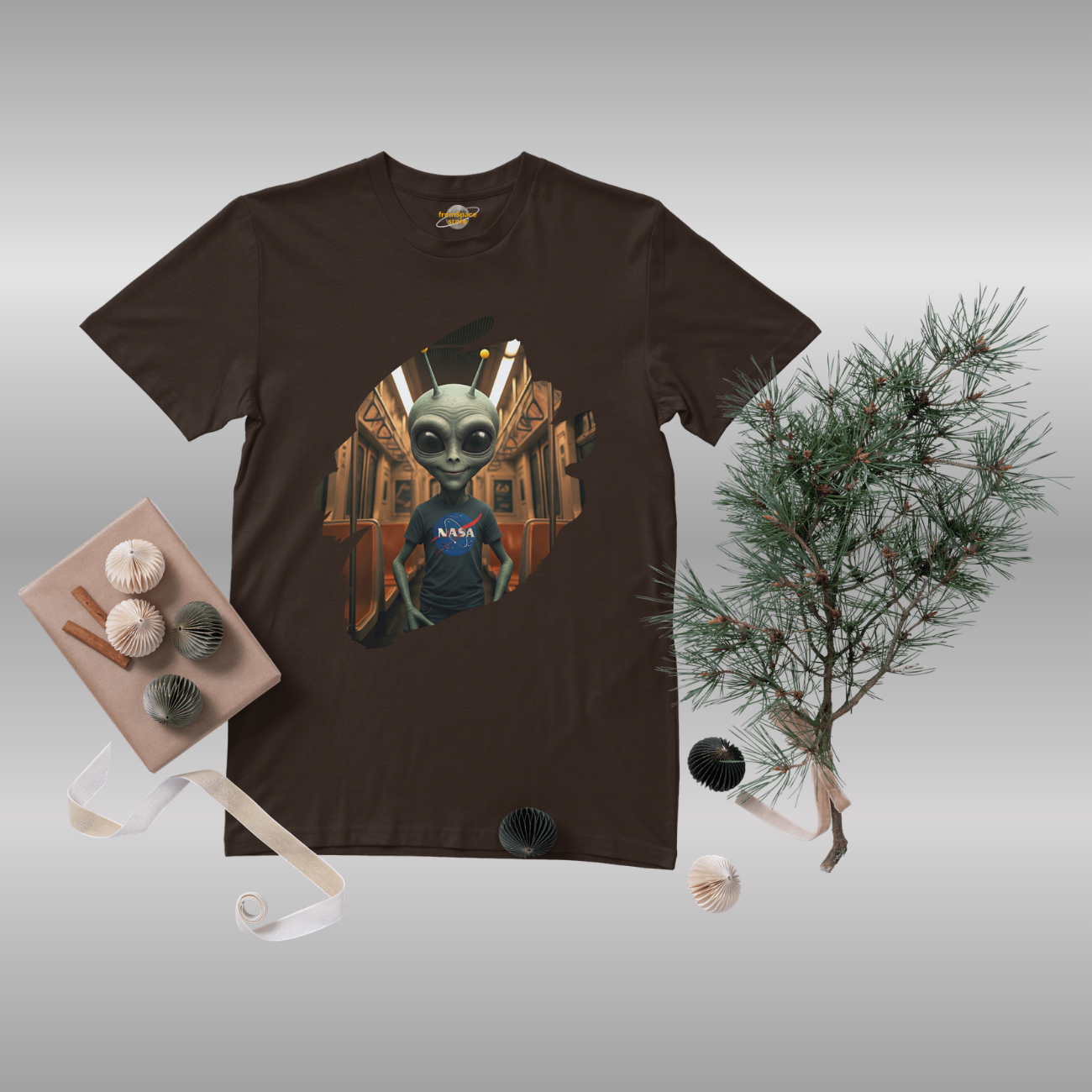 A dark chocolate unique unisex t-shirt with an original alien in subway.