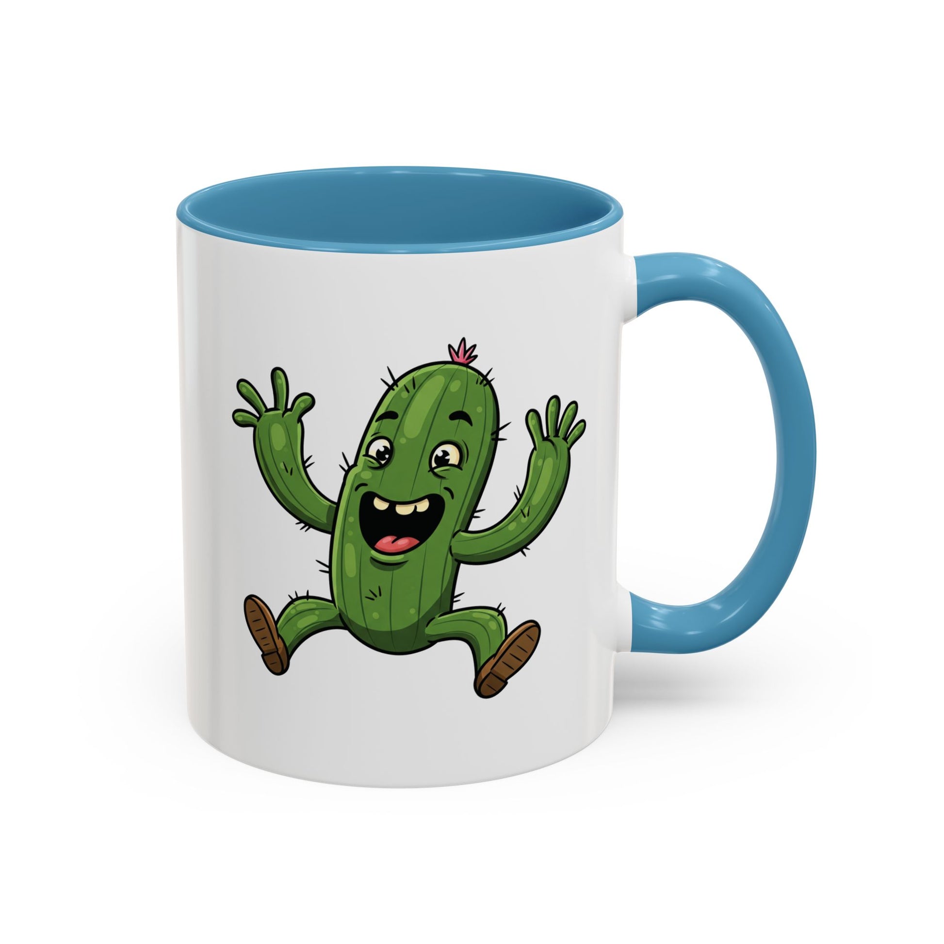 Cactus Mania Happy Jumping Cactus Mug - Cheerful Ceramic Coffee Cup 11oz Light Blue