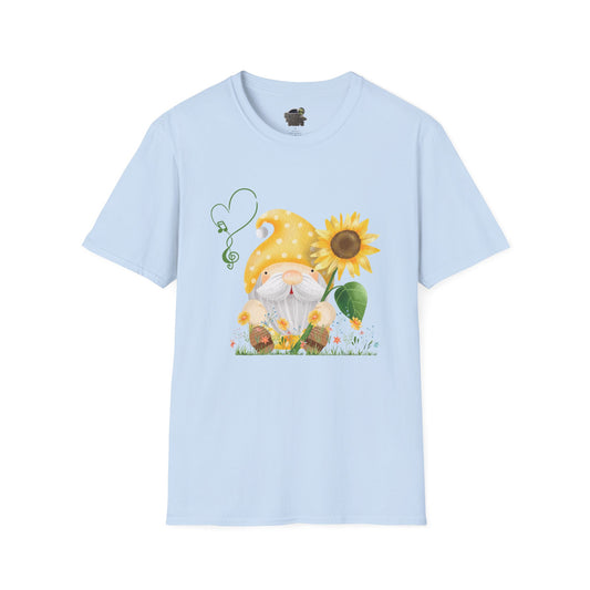 Gnome with Sunflower Unisex T-Shirt: Sunshine, Smiles & Secret Songs Light Blue