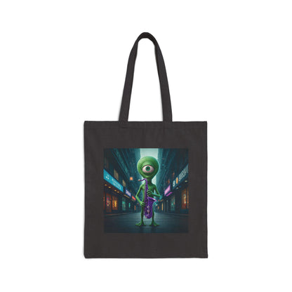 Alien playing sax in a empty city at Night. The alien Is featured on a black color Canvas tote bag.