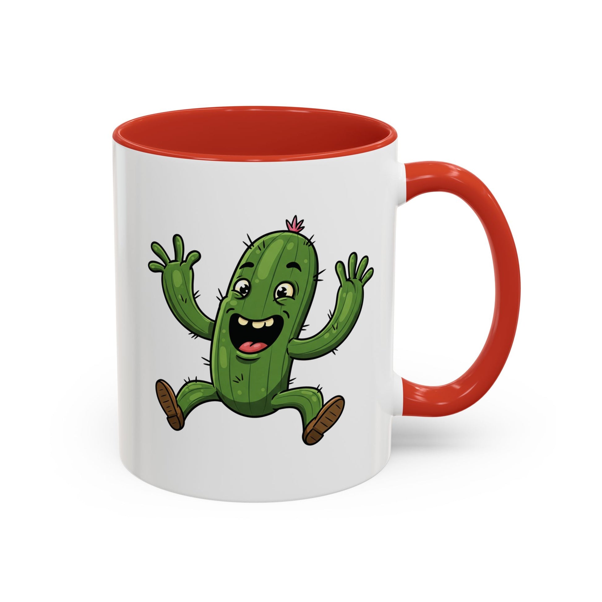 Cactus Mania Happy Jumping Cactus Mug - Cheerful Ceramic Coffee Cup 11oz Red