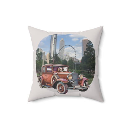 Decorative throw pillow 14'x14' with 4vintage Buick Doctor Coupe car design featuring a cityscape with a Ferris wheel and tall buildings.
