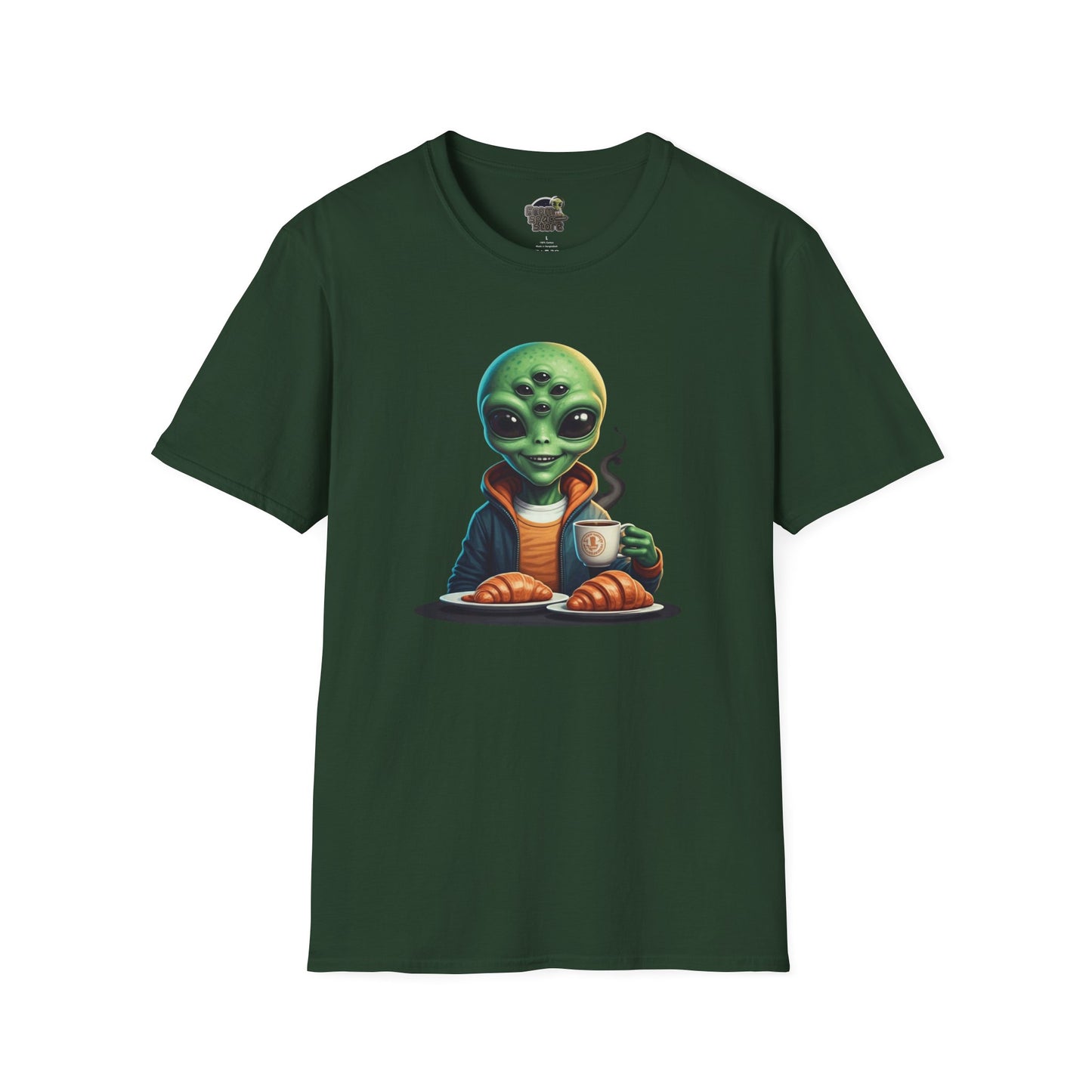 forest green alien making breakfast unisex t-shirt