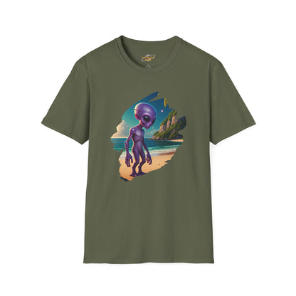 Alien at Beach T-Shirt: Funny Sci-Fi Beachwear | Organic Cotton