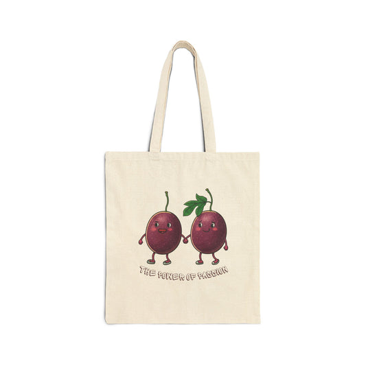 Power of Passion Tote Bag: Funny Holding Hands Fruit Bag Natural 15" x 16"