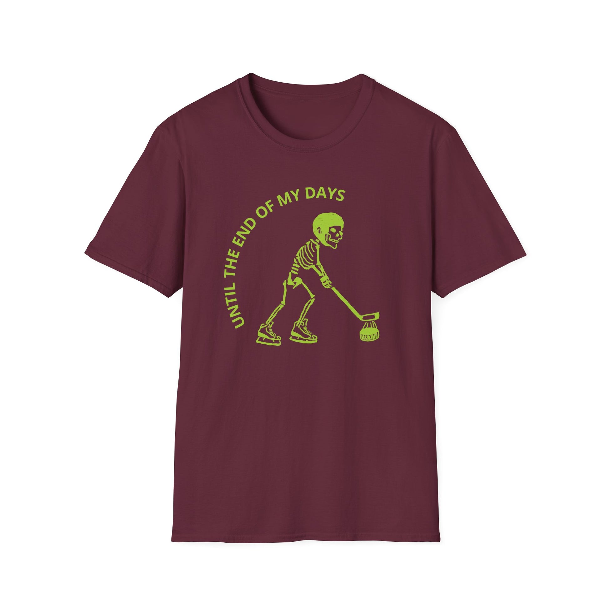 Hockey 'Til I Die: Skeleton fluo Hockey Player T-Shirt | Men's Short Sleeve Tee - Unisex Softstyle T-Shirt Maroon