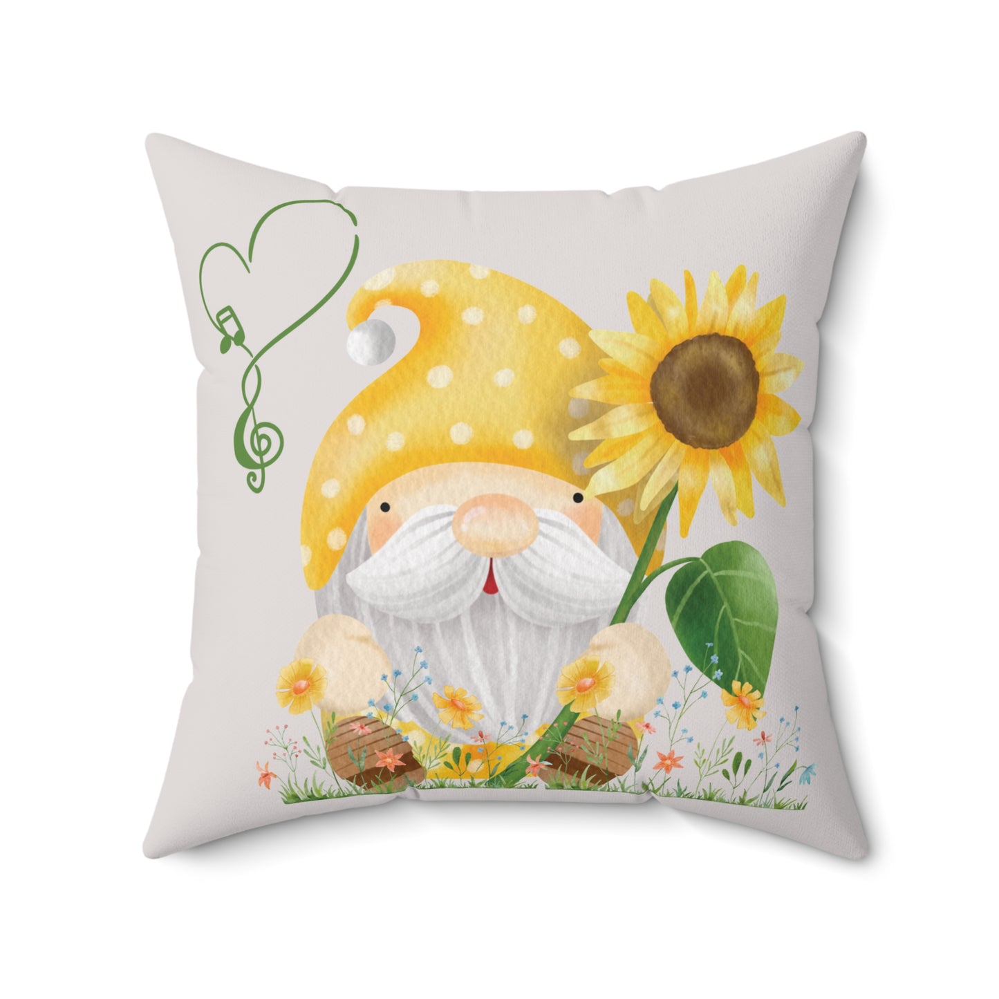 Sun-Kissed Soul – Sunflower & Green Heart Gnome Pillow