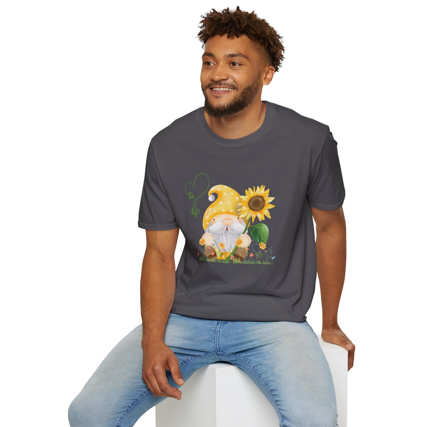 Gnome with Sunflower Unisex T-Shirt: Sunshine, Smiles & Secret Songs