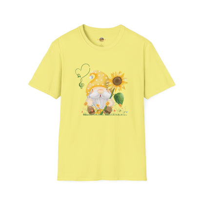 Gnome with Sunflower Unisex T-Shirt: Sunshine, Smiles & Secret Songs