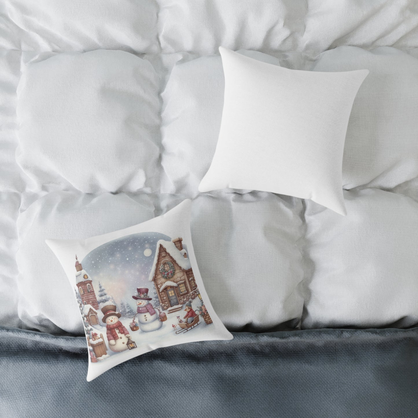 Cozy Christmas Village Throw Pillow | Watercolor Winter Snowman Decor