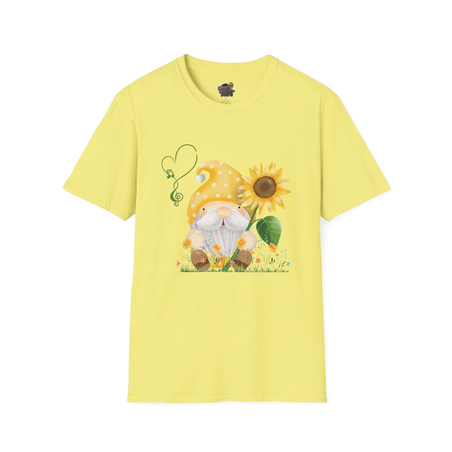 Gnome with Sunflower Unisex T-Shirt: Sunshine, Smiles & Secret Songs Cornsilk