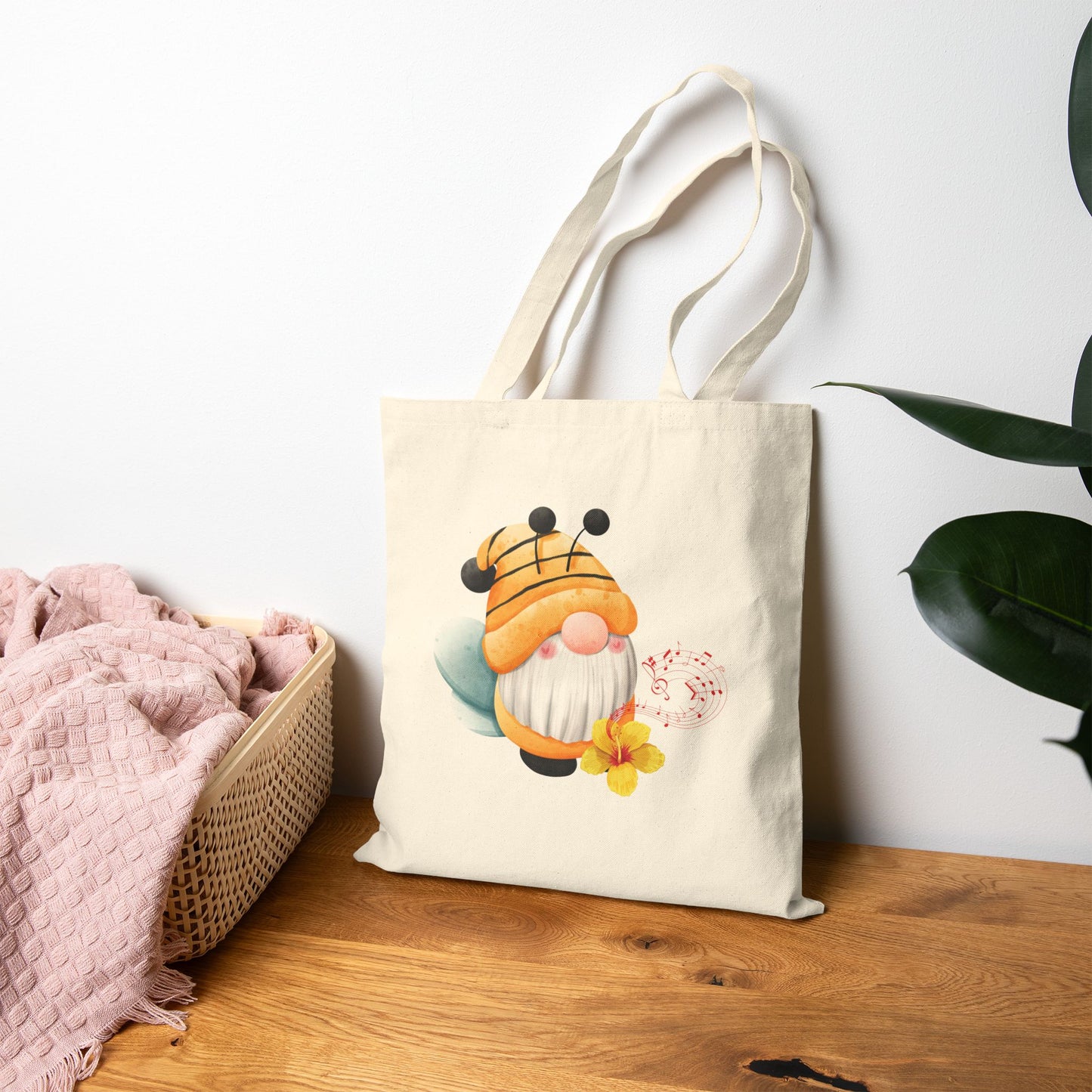 Mystical Bee Gnome Tote Bag: Carry Your Melodies & Magic (Natural & Black Canvas)
