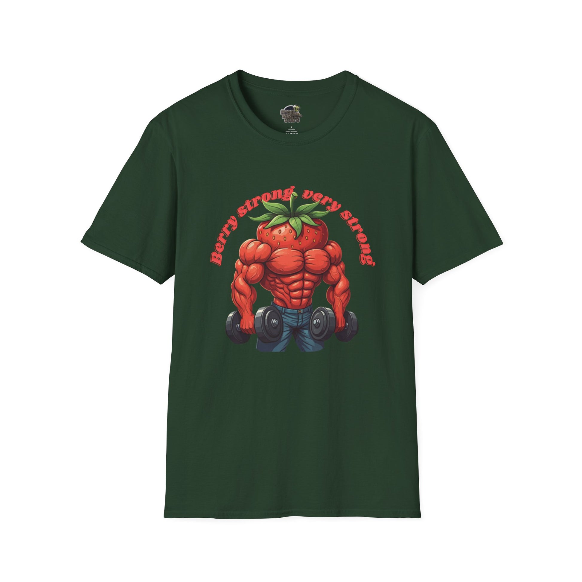 Berry Strong t-shirt: Funny Strawberry Bodybuilder Tee S Forest Green