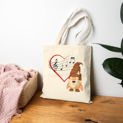 Harmonious Heart Gnome Music Tote Bag: Carry Your Love for Melodies (Natural & Black Canvas)