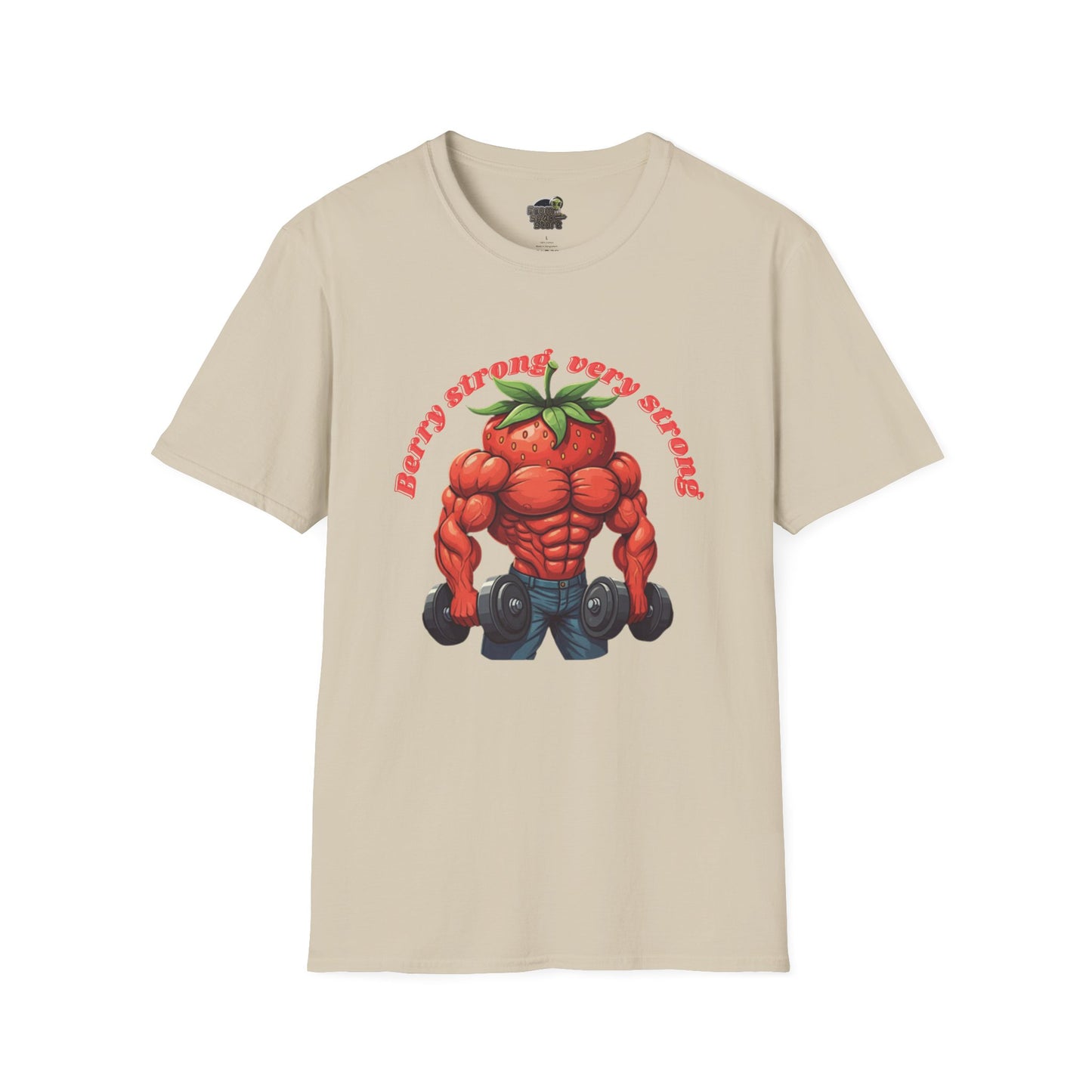 Berry Strong t-shirt: Funny Strawberry Bodybuilder Tee Sand