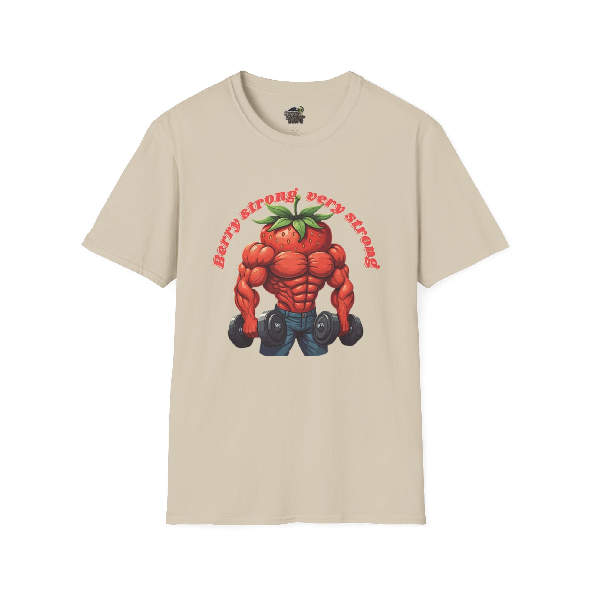 Berry Strong t-shirt: Funny Strawberry Bodybuilder Tee Sand