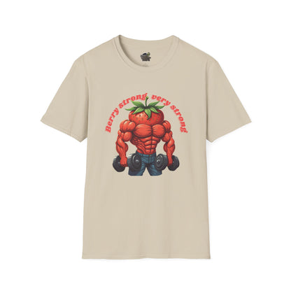 Berry Strong t-shirt: Funny Strawberry Bodybuilder Tee Sand