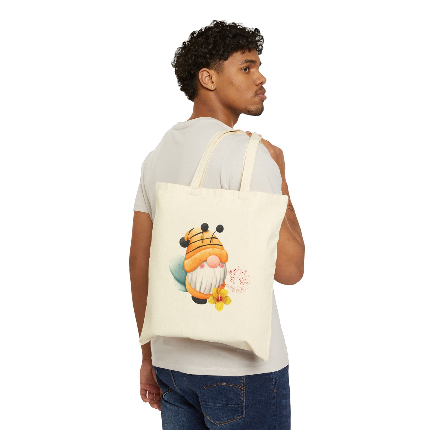 Mystical Bee Gnome Tote Bag: Carry Your Melodies & Magic (Natural & Black Canvas)