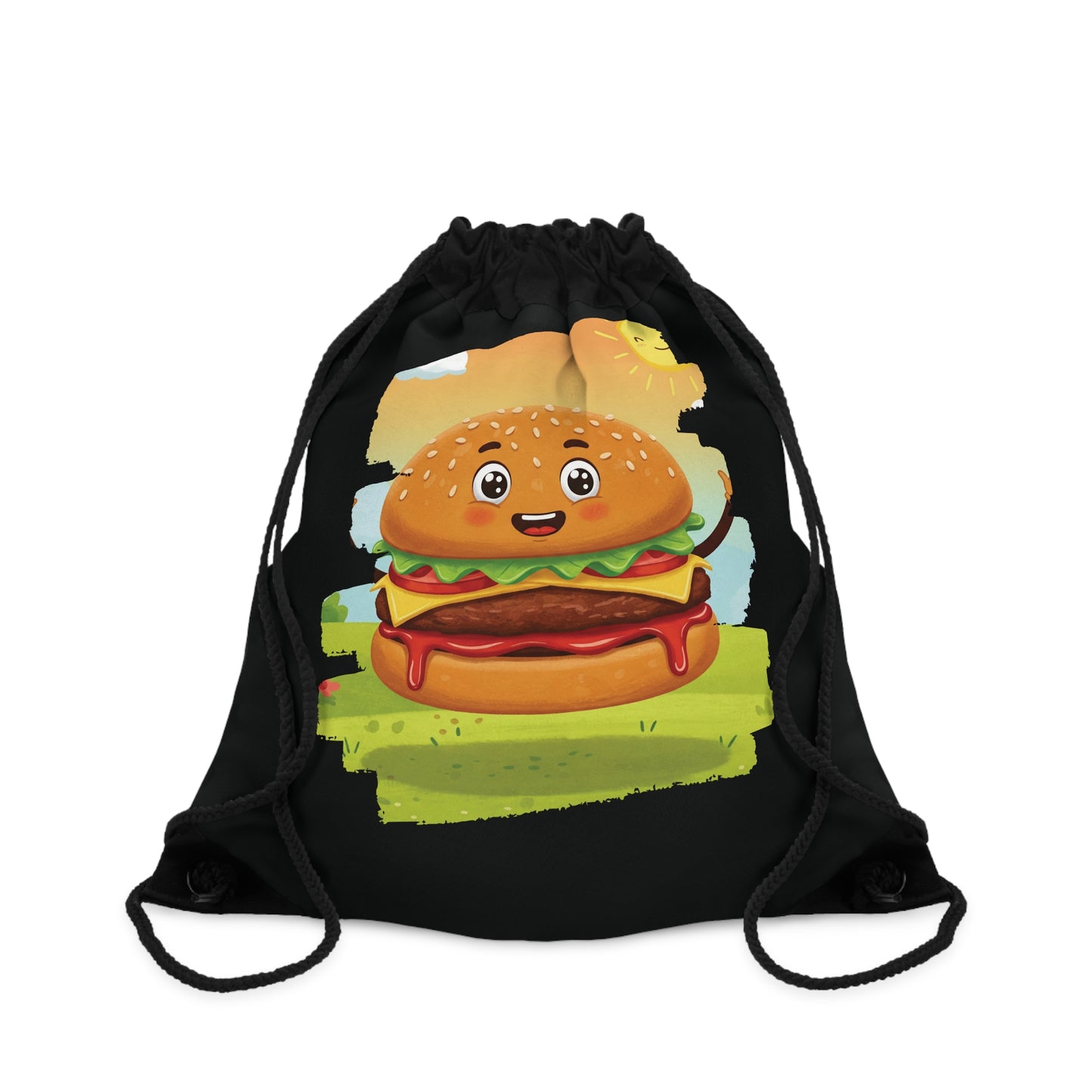 The Sunny Slider – Happy Hamburger Drawstring Bag