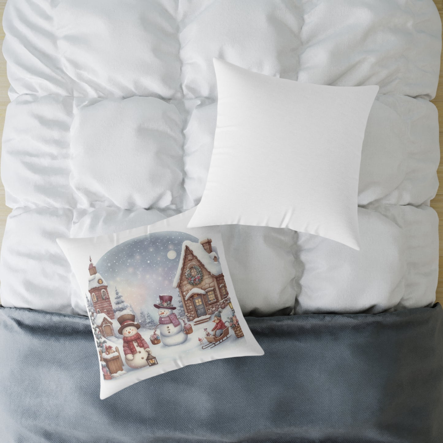 Cozy Christmas Village Throw Pillow | Watercolor Winter Snowman Decor