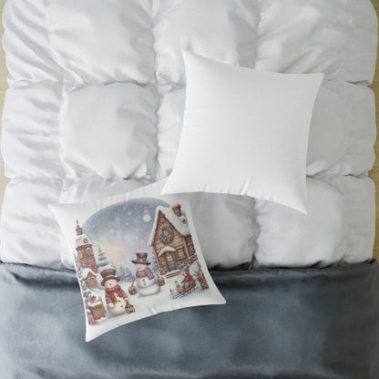 Cozy Christmas Village Throw Pillow | Watercolor Winter Snowman Decor