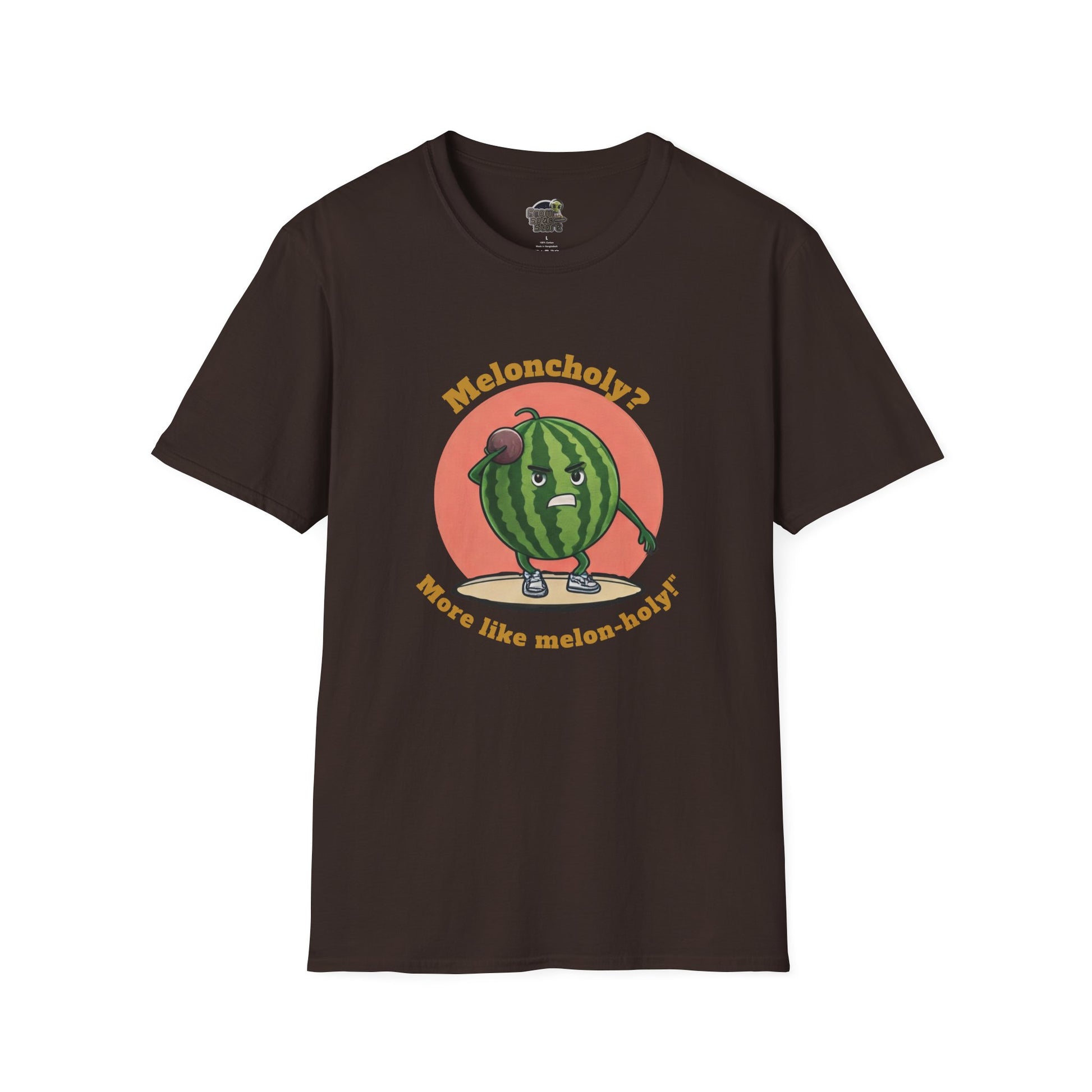 Melon-Holy t-shirt: Funny Watermelon Shot Put Tee Dark Chocolate