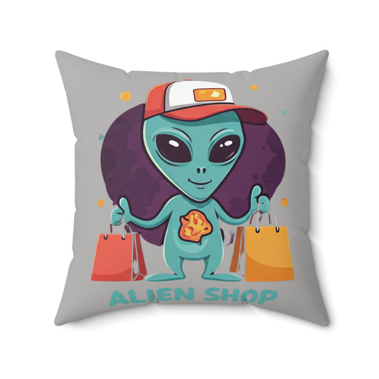 Whimsical Alien Vibes Pillow: Cute Blue Alien with Shopping Bags - Perfect Space Lover Gift!