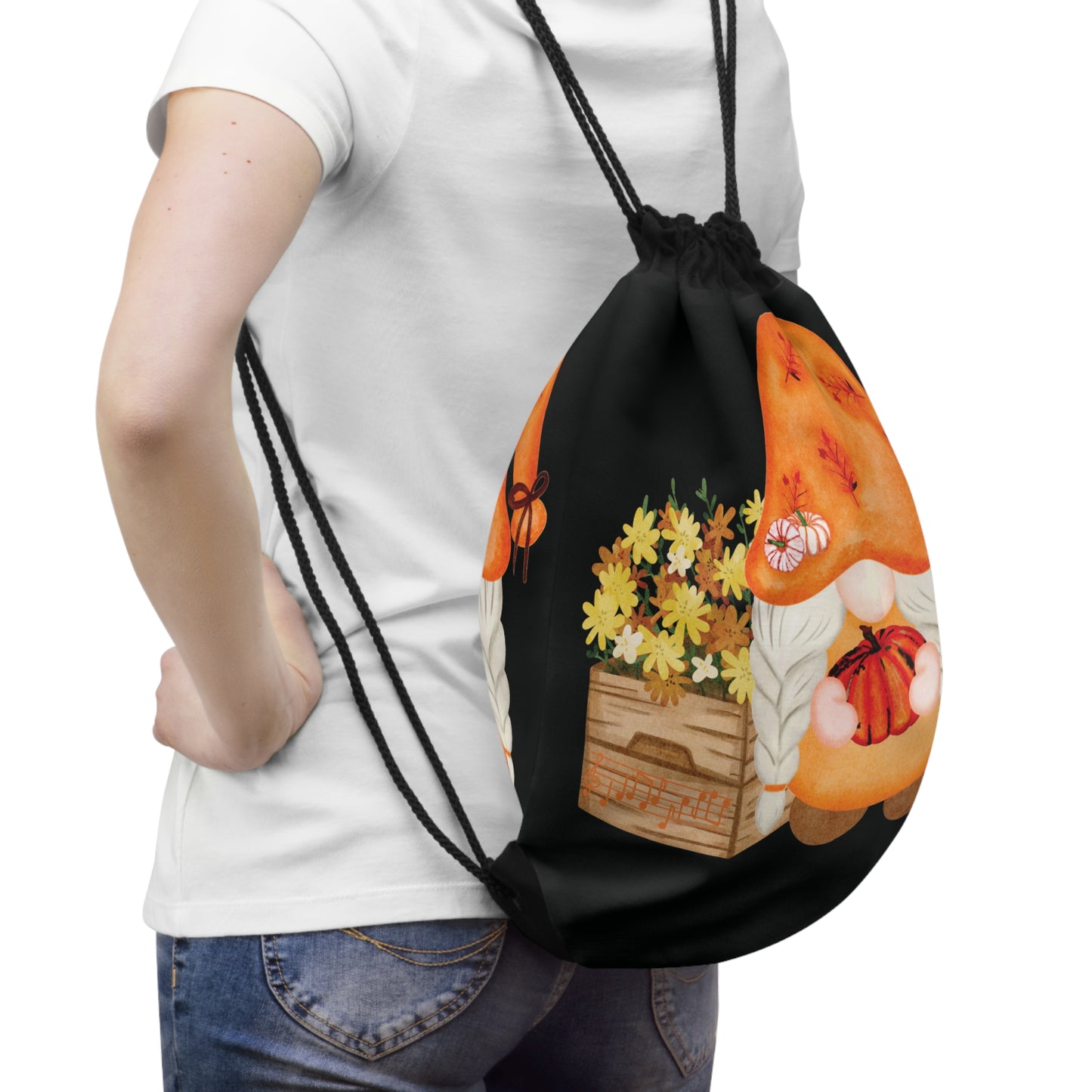 Whimsical Autumn Gnome Drawstring Bag: Charming Flower Pot & Pumpkin Design for Fall Lovers