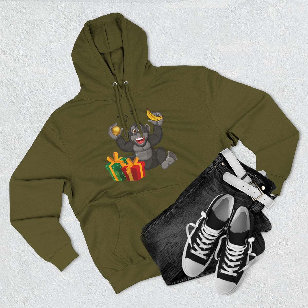 Three-Panel Fleece Hoodie - jingle bells banana gorilla