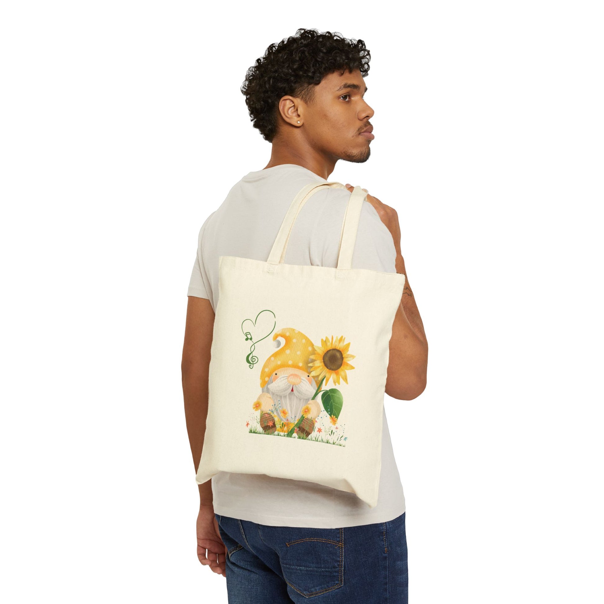 Radiant Sunflower Gnome Tote Bag: Carry Your Sunshine & Sweet Melodies (Natural & Black Canvas)