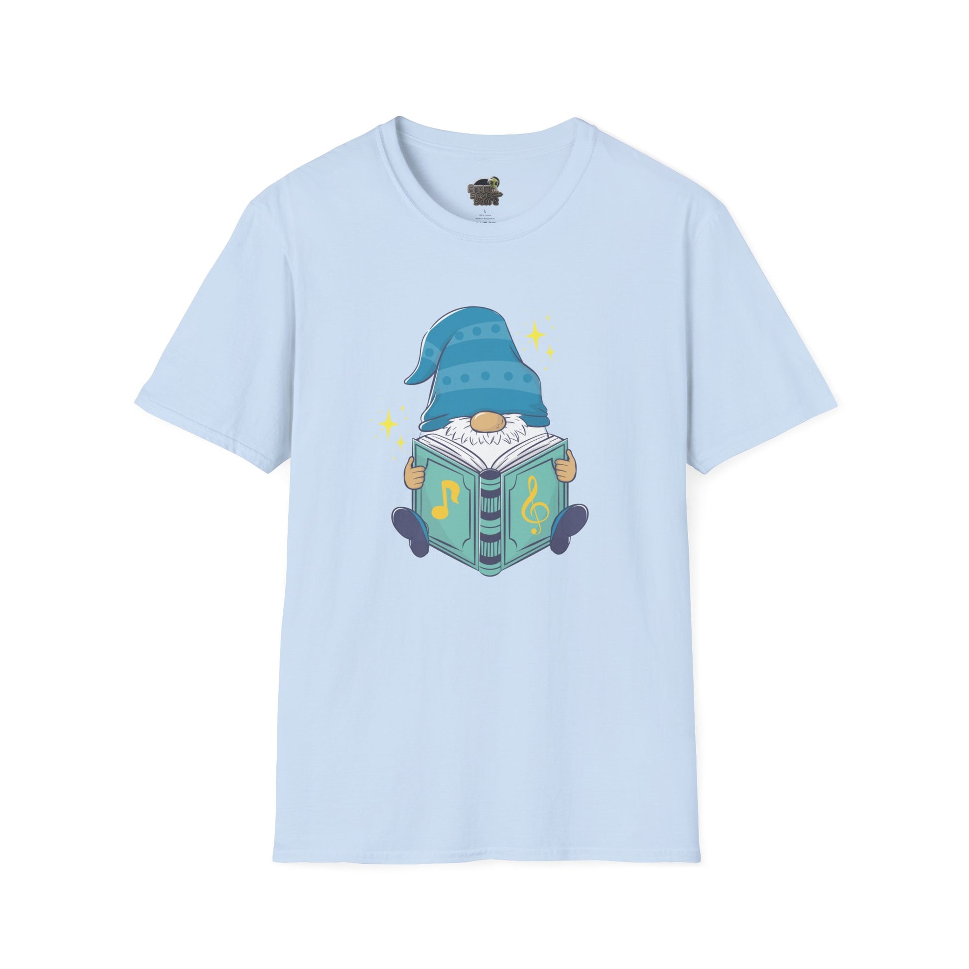 Mystical Book-Reading Gnome Unisex T-Shirt: Stories & Sparkle Light Blue